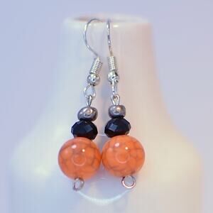 Orange, Black, and Silver Spiderweb Earrings — Handmade
